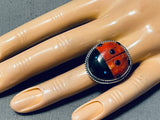 Marvelous Native American Navajo Signed Jet Coral Turquoise Sterling Silver Ladybug Ring-Nativo Arts