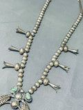 Carico Lake Turquoise Vintage Native American Navajo Sterling Silver Squash Blossom Necklace-Nativo Arts