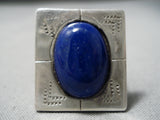 Huge Vintage Navajo Squared Lapis Sterling Silver Native American Ring Old-Nativo Arts