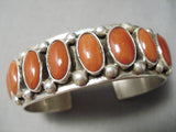 Museum Quality Huge Native American Navajo Red Coral Sterling Silver Stamped Bracelet-Nativo Arts