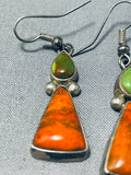 Fabulous Vintage Native American Navajo Royston Turquoise Orange Spiny Sterling Silver Earrings-Nativo Arts
