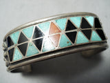 Intricate Lateyice Vintage Native American Zuni Turquoise Sterling Silver Inlay Bracelet Old-Nativo Arts