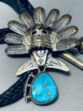 One Of Most Detailed Vintage Native American Navajo Kachina Turquoise Sterling Silver Bolo Tie-Nativo Arts