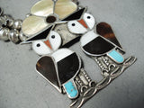 Rare Larger Vintage Native American Zuni Turquoise Owl Sterling Silver Squash Blossom Necklace-Nativo Arts