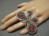 One Of The Best Native American Navajo Coral Sterling Silver Butterfly Ring-Nativo Arts