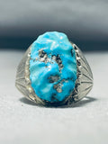 Heavy Vintage Native American Zuni Blue Gem Turquoise Sterling Silver Ring-Nativo Arts