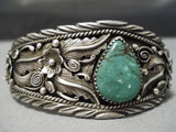 Native American Superior Vintage Garden Of Leaves Sterling Silver Green Turquoise Bracelet-Nativo Arts