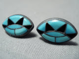 Intricate Turquoise Eye Vintage Native American Zuni Sterling Silver Earrings Old-Nativo Arts