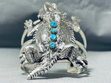 Astonishing Native American Navajo 4 Turquoise Sterling Silver Huge Toad Bracelet-Nativo Arts