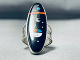 Striking Native American Navajo Turquoise Coral Inaly Sterling Silver Sunface Ring-Nativo Arts