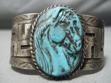 Native American One Of The Most Detailed Vintage Sterling Silver Carved Turquoise Horse Bracelet-Nativo Arts