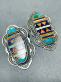 Meticulously Detailed Vintage Native American Navajo Inlay Turquoise Sterling Silver Earrings-Nativo Arts