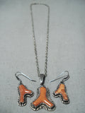 Jen Epaloose Zuni Coral Sterling Silver Necklace And Earring Set Native American-Nativo Arts
