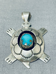 Rare Early Tommy Jackson Vintage Native American Navajo Turtle Turquoise Sterling Silver Pendant-Nativo Arts