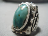 Navajo Sterling Silver Ring with Royston Turquoise – Carved Band Leaf Motif Size 10-Nativo Arts