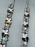 149 Grams 1970's Owl Vintage Native American Zuni Inlay Sterling Silver Squash Blossom Necklace-Nativo Arts