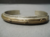 Thick Heavy Vintage Native American Navajo Mark Yazzie Feather Sterling Silver Gold Bracelet-Nativo Arts