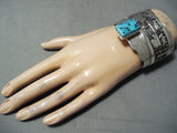 One Of Most Detailed Vintage Native American Navajo Turquoise 14k Gold Sterling Silver Bracelet-Nativo Arts