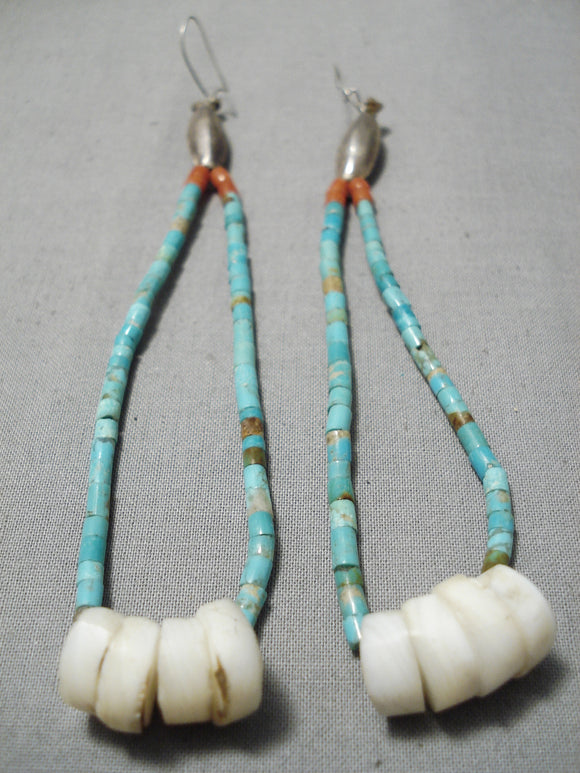 Marvelous Vintage Native American Navajo Turquoise Heishi Coral Sterling Silver Earrings Old-Nativo Arts