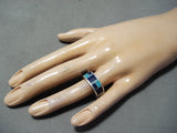 Eyecatching Vintage Native American Navajo Turquoise Lapis Inlay Sterling Silver Ring Old-Nativo Arts