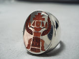 Heavy Intricate Detailed Native American Zuni Coral Sterling Silver Inlay Ring-Nativo Arts