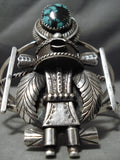 Towering Huge Vintage Native American Navajo Turquoise Kachina Sterling Silver Bracelet Old-Nativo Arts