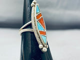 Mesmerizing Vintage Native American Navajo Inlay Blue Gem Turquoise Coral Sterling Silver Ring-Nativo Arts