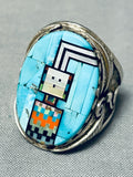Amazing Southwest Inlay Turquoise Coral Opal Kachina Sterling Silver Ring-Nativo Arts
