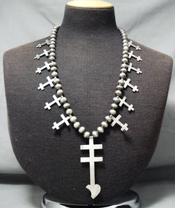 Native American Incredible Vintage Navajo Cross Sterling Silve Rhand Tooled Necklace-Nativo Arts
