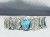 Dazzling Native American Navajo Blue Diamond Turquoise Sterling Silver Dime Bangle Bracelet-Nativo Arts