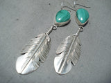 Awesome Navajo Native American Malachite Sterling Silver Feather Earrings-Nativo Arts
