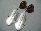 Rare Detailed Intricate Native American Navajo Feather Sterling Silver Amber Earrings-Nativo Arts