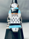 Native American Zuni Woman Maiden Vintage Sterling Silver Turquoise Inlay Ring-Nativo Arts