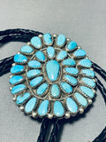 Brilliant Vintage Native American Navajo Signed Turquoise Cluster Sterling Silver Bolo-Nativo Arts