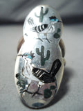 Quam Native American Zuni Inlay Turquoise Jet Roadrunners Sterling Silver Ring-Nativo Arts