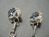 Hand Carved Zuni Native American Turquoise Sterling Silver Coral Earrings-Nativo Arts