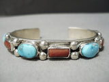 Heavy Thick! Vintage Native American Navajo Carico Lake Turquoise Coral Sterling Silver Bracelet-Nativo Arts