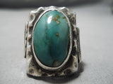 Navajo Sterling Silver Ring with Royston Turquoise – Carved Band Leaf Motif Size 10-Nativo Arts