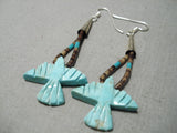 Intricate!! Vintage Native American Navajo Eagle Turquoise Sterling Silver Heishi Earrings-Nativo Arts