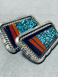 Very Important Vintage Native American Navajo Lander Blue Turquoise Sterling Silver Earrings-Nativo Arts