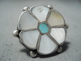 Marvelous Vintage Native American Zuni Inlay Blue Gem Mother Of Pearl Sterling Silver Ring Old-Nativo Arts