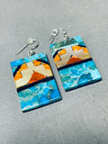 Native American Very Intricate Santo Domingo Turquoise Geometirc Sterling Silver Earrings-Nativo Arts