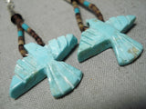 Intricate!! Vintage Native American Navajo Eagle Turquoise Sterling Silver Heishi Earrings-Nativo Arts