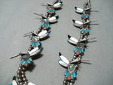 Native American Detailed! Vintage Zuni Turquoise Sterling Silver Squash Blossom Necklace-Nativo Arts