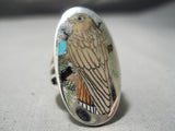 Native American Important Harlan Coonsis Bird Turquoise Coral Sterling Silver Ring-Nativo Arts