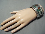 Huge Heavy Hand Tooled Vintage Native American Navajo Green Turquoise Sterling Silver Bracelet-Nativo Arts