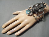 Statement Vintage Native American Navajo Huge Kachina Turquoise Sterling Silver Bracelet Old-Nativo Arts