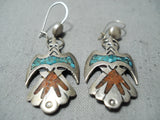 Unique Vintage Native American Navajo Turquoise Chip Inlay Sterling Silver Birds Earrings Old-Nativo Arts