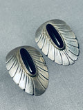 Exceptional Vintage Native American Navajo Jet Sterling Silver Earrings Signed-Nativo Arts