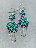 Important Vintage Native American Zuni Signd Blue Gem Turquoise Cluster Sterling Silver Earrings-Nativo Arts